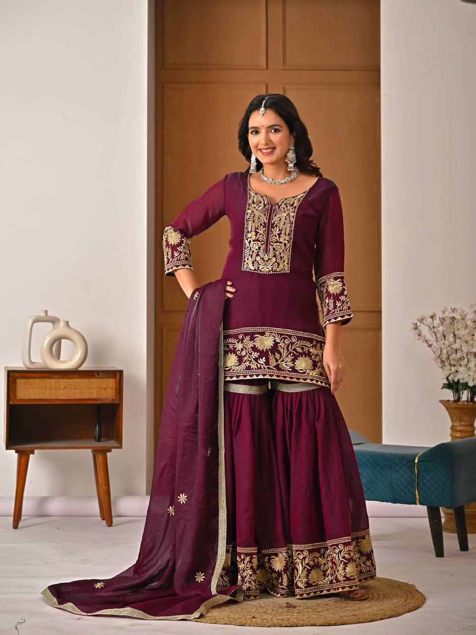 Eshira Fendy Silk Embroidered Sharara Set