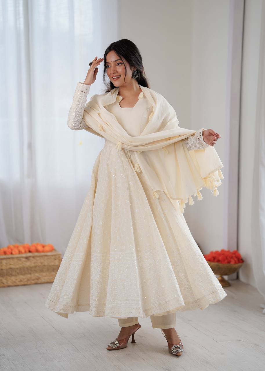 Serelya Kora Cotton Schiffli Anarkali Set