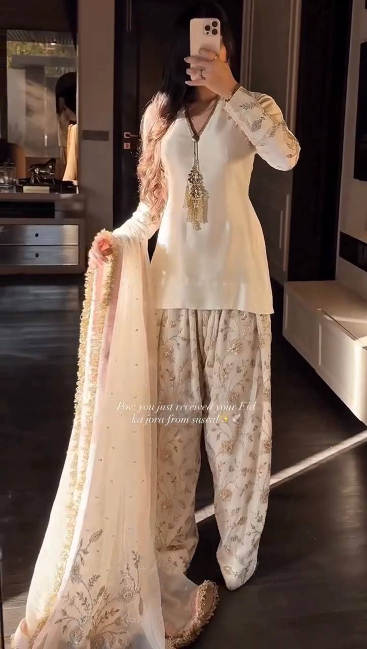 Elegant Cream Punjabi Suit with Floral Plazzo Set