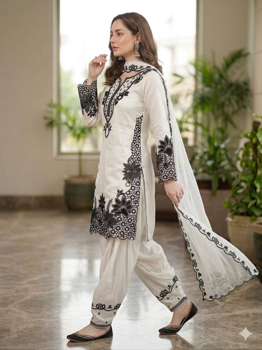 Elara Noor Black & White Embroidered Farshi Salwar Suit Set