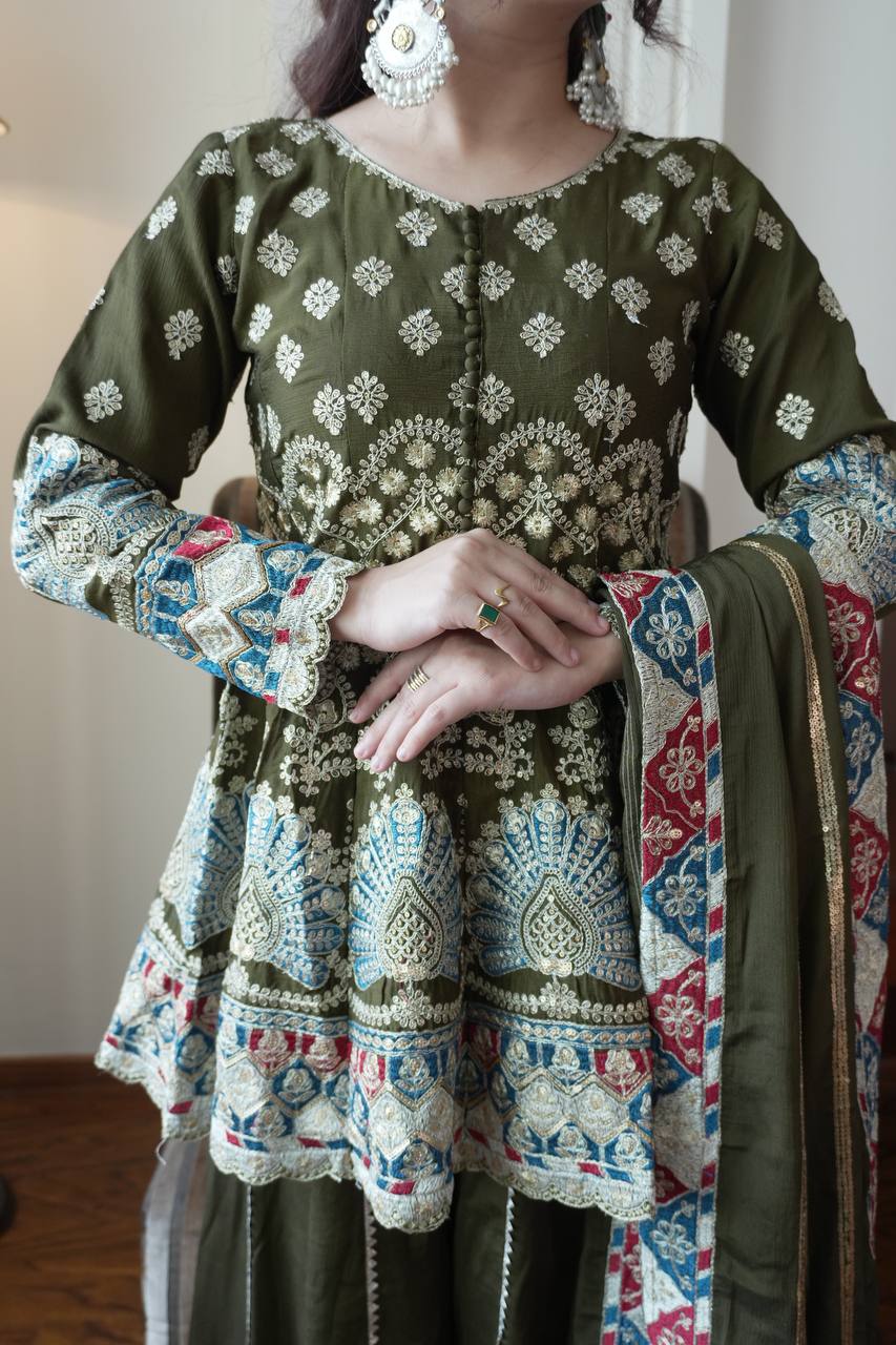 Elegant Olive Green Chinon Embroidered Suit Set