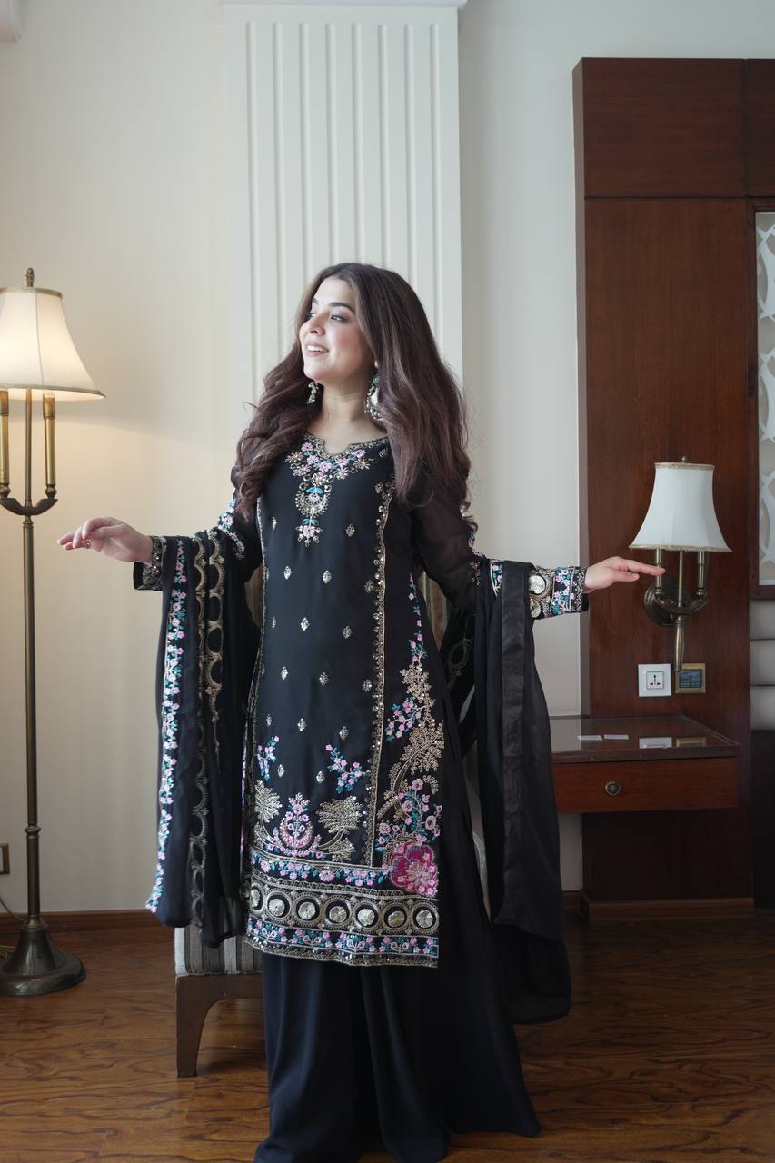 Midnight Black Chinon Sharara Suit Set
