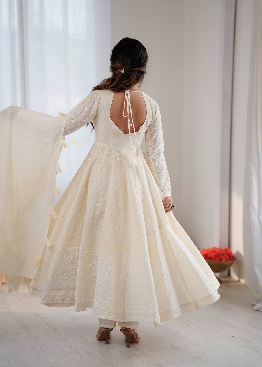 Serelya Kora Cotton Schiffli Anarkali Set