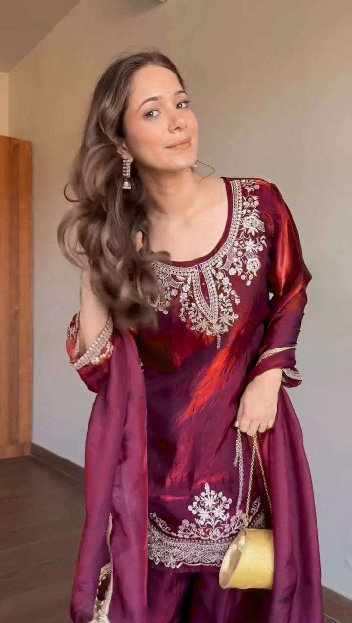 Crimson Noor Embroidered Fendy Silk Palazzo Set