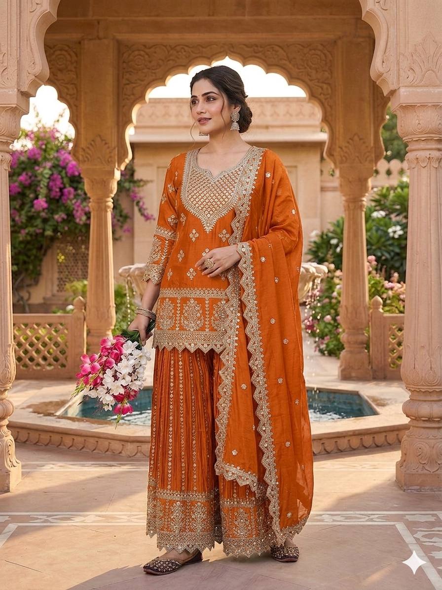 Inaya Zohra Chinnon Silk Embroidered Sharara Palazzo Suit Se
