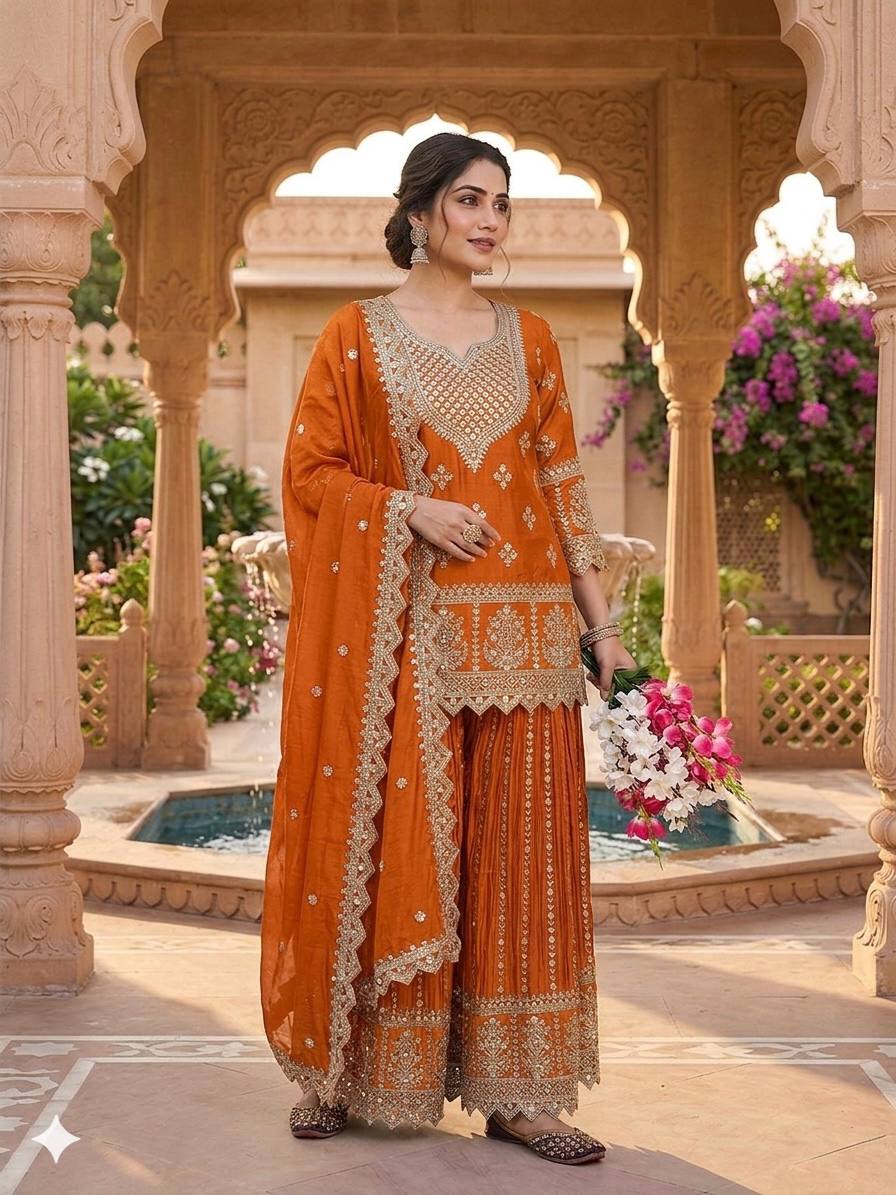 Inaya Zohra Chinnon Silk Embroidered Sharara Palazzo Suit Se