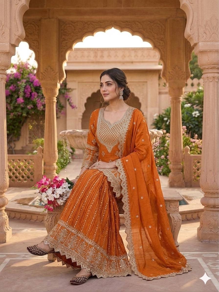 Inaya Zohra Chinnon Silk Embroidered Sharara Palazzo Suit Se
