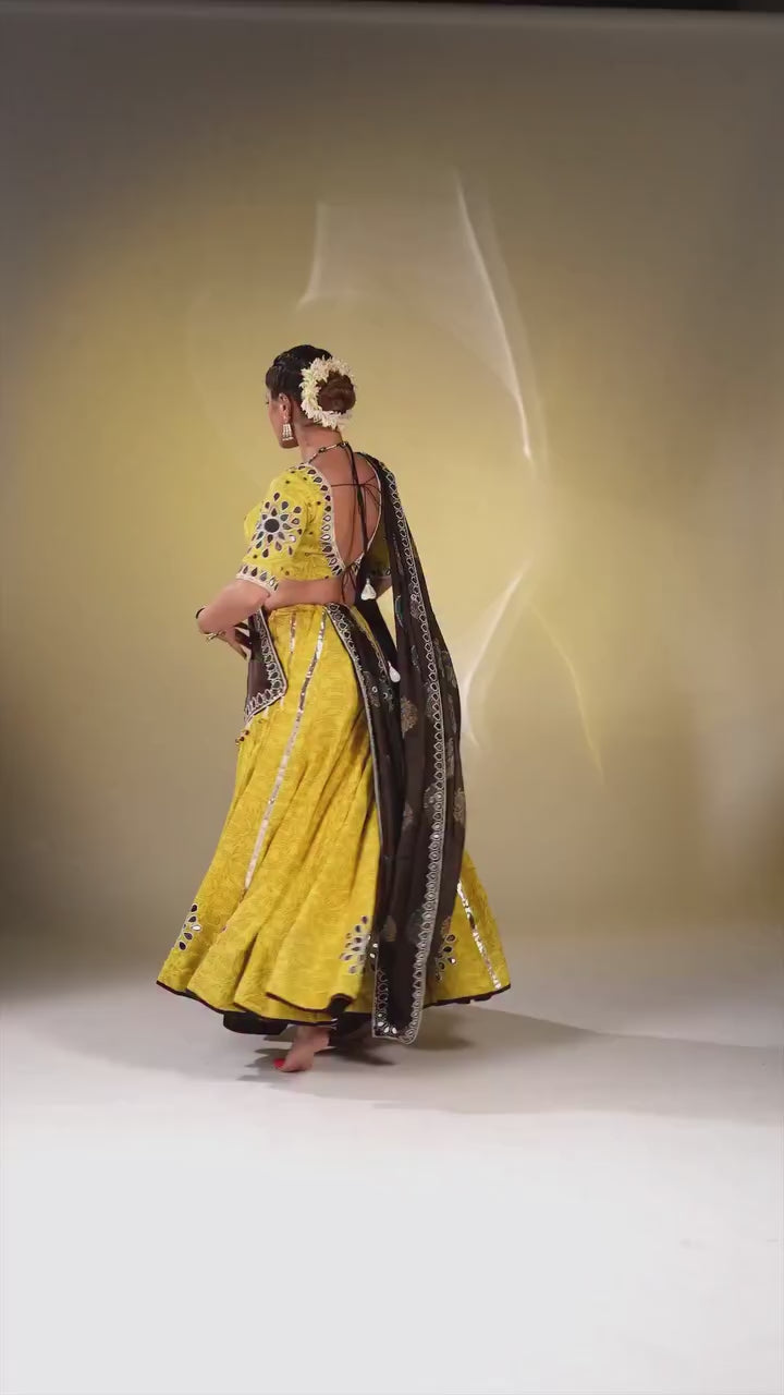 Bright Yellow & Charcoal Brown Mirror-Work Cotton Chaniya Choli Set